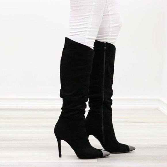Pointy Toe Below The Knee Black Boots Faux Suede - Picture 5 of 16